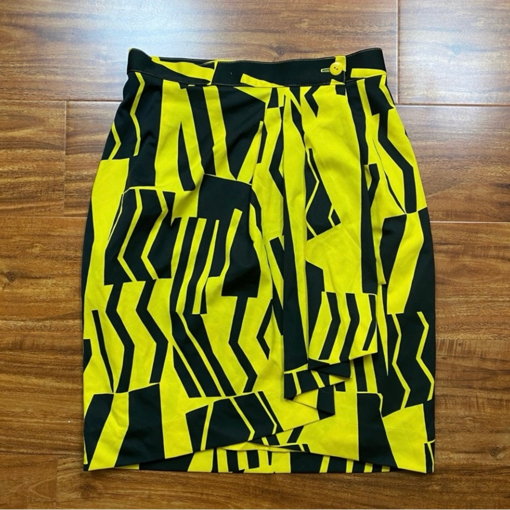 A Laveuglette Yellow Black Abstract Mod High Waist Wrap Skirt Size Medium Girly